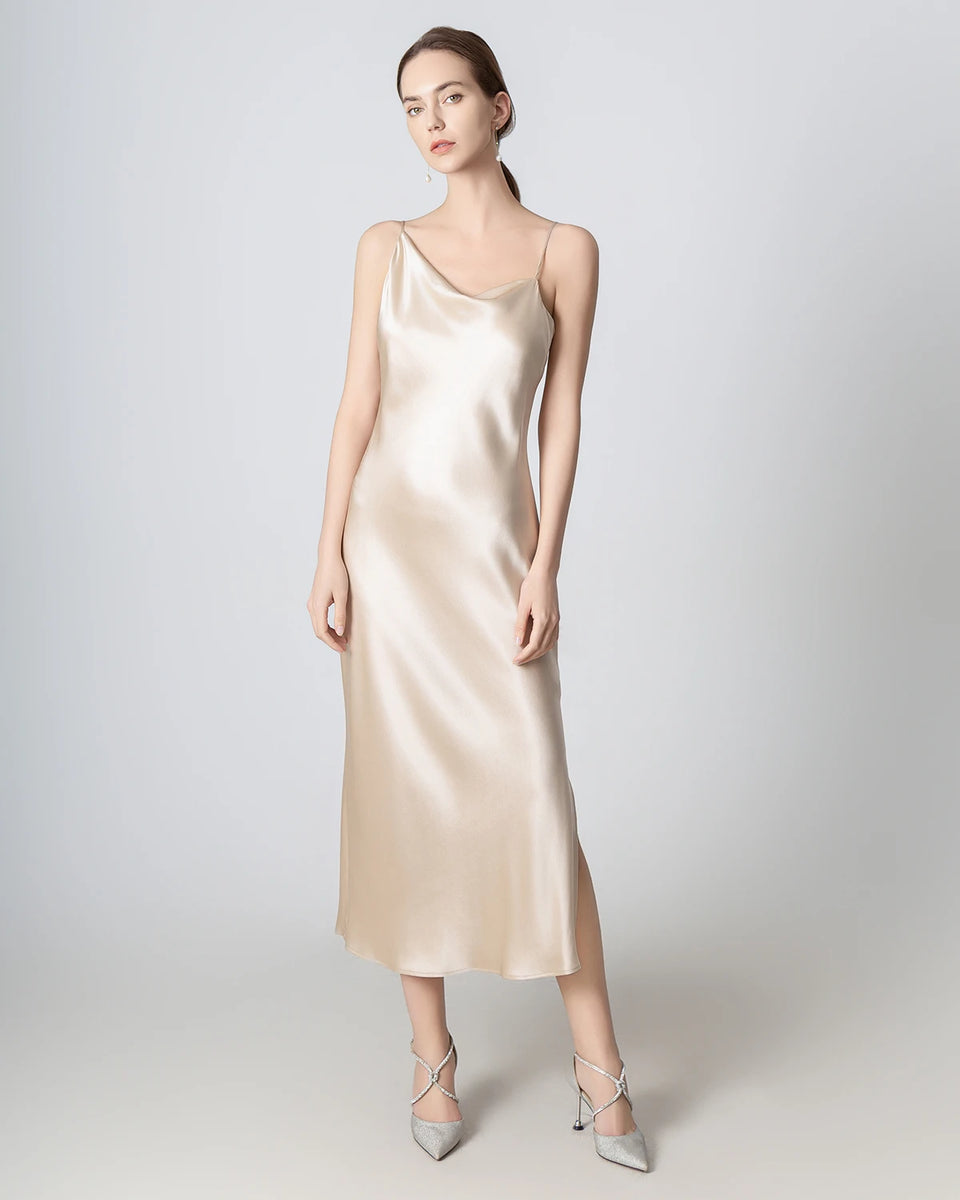 Checked Cowl Neck Silky Dress