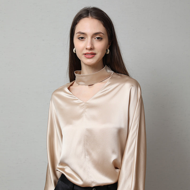 V-Neck Long-Sleeve Silk Shirt Blouse – DAISYSILK