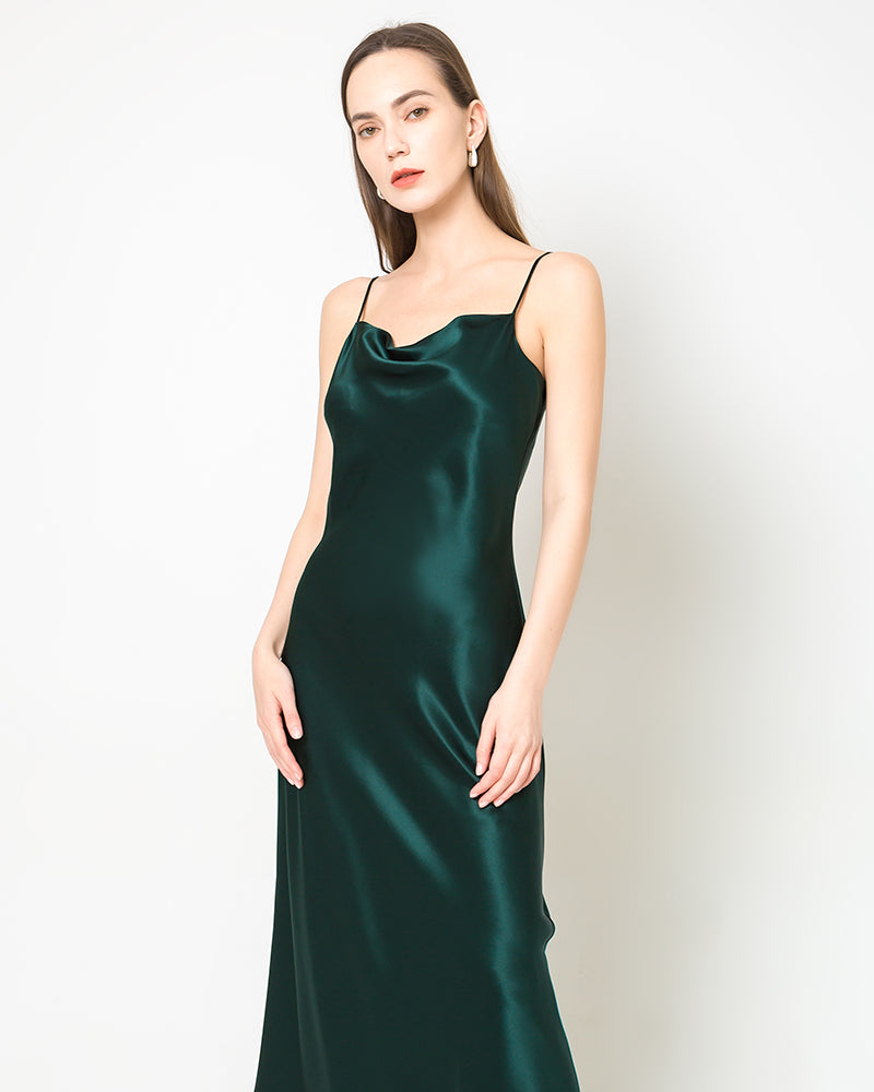 100% Silk Midi Dress with Draped Cowl Neck – DAISYSILK