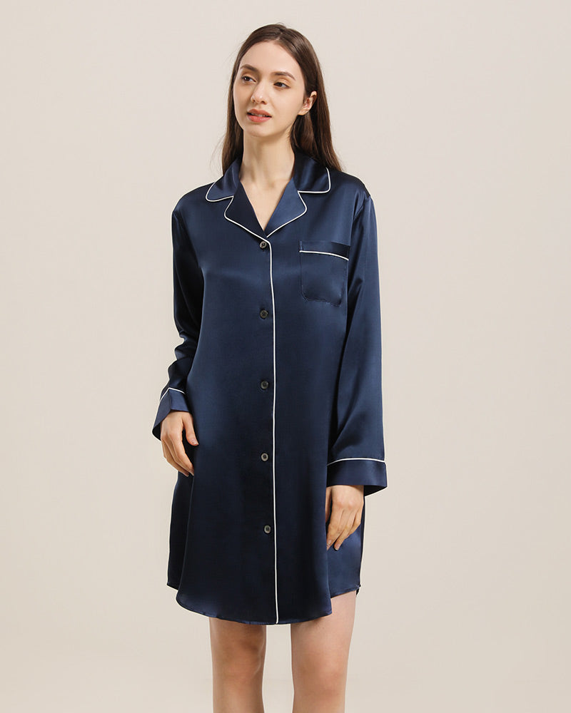 Silk Shirt Pajamas Sleepwear Piping Style Navy