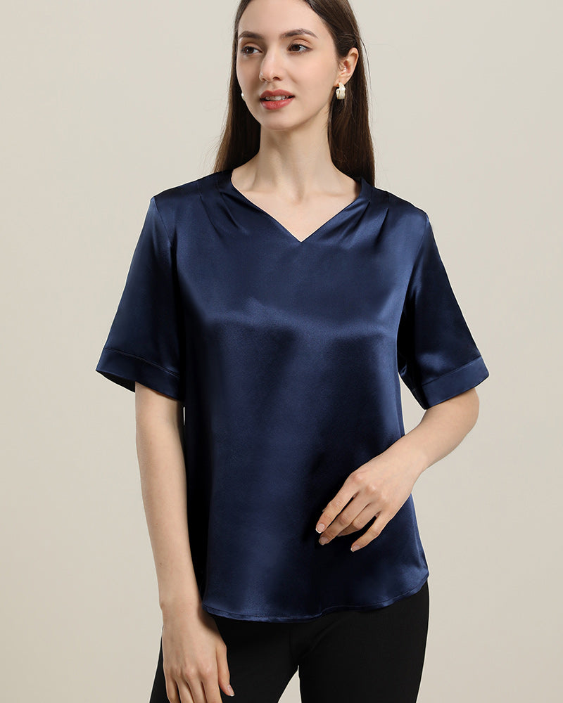 Women's Silk Top Short Sleeve Silk Blouses Loose V-neck Shirt Summer ...