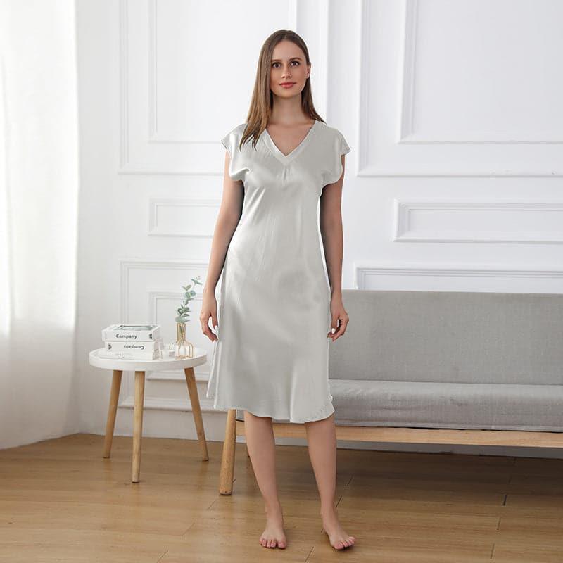 19 Momme Relaxed Fit V-neck Silk Nightgown, Grey